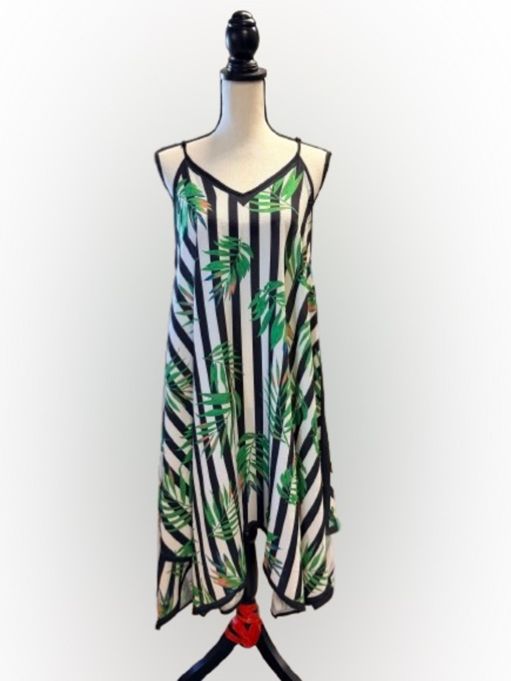 Jealous Tomato Tropical Palm Leaf Stripe Handkerchief Hem Swing Dress XS